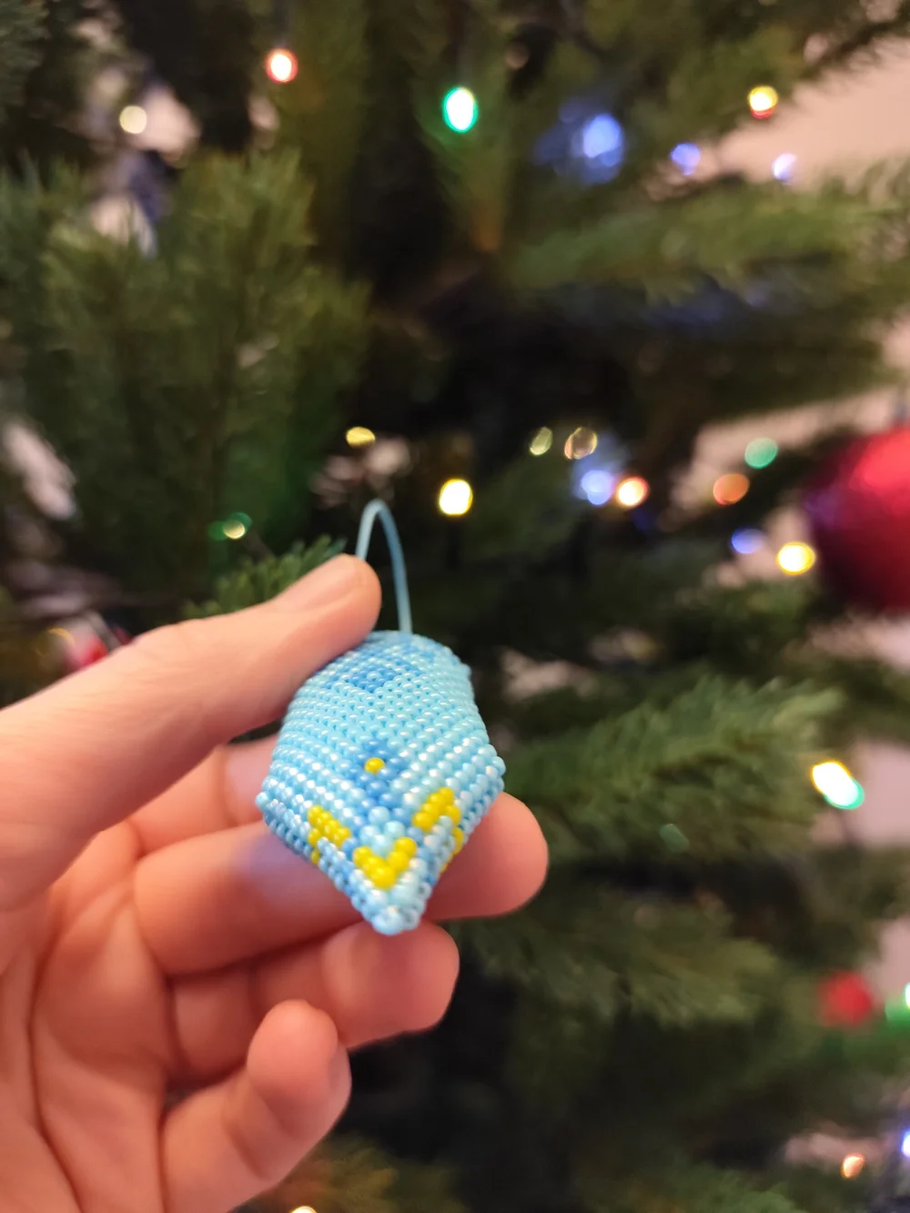 Blue Beaded Holiday Tree Ornament with Green Christmas Tree Design